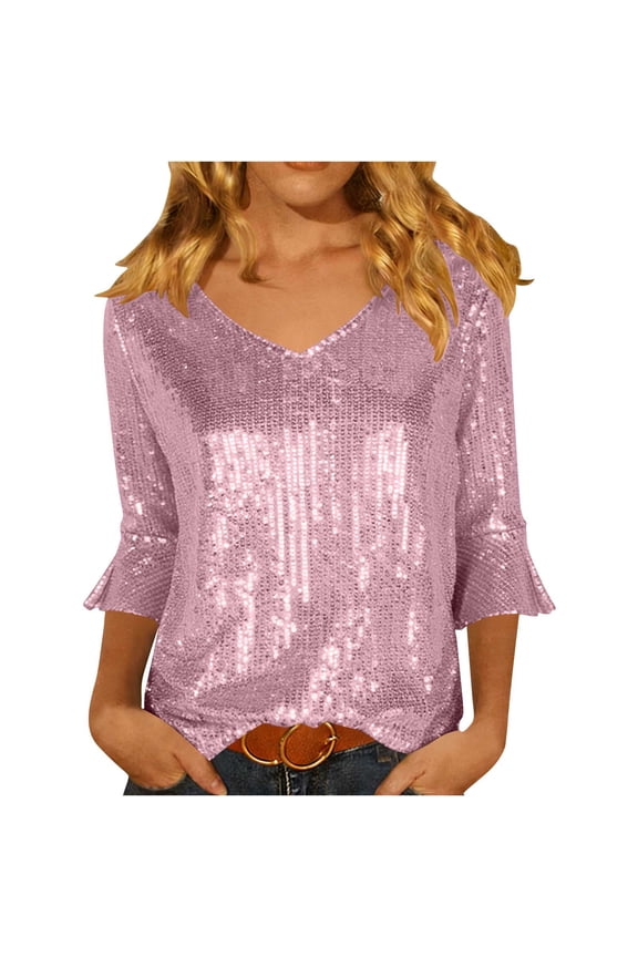 Sparkly Sequin V Neck Tops for Women, 3/4 Flare Sleeve, Shiny Blouse Party, Night Out Club Wear