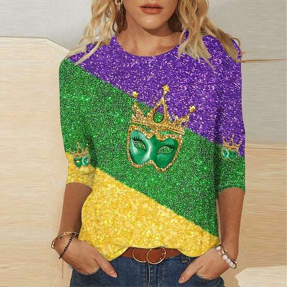 Xdegoge Sparkly Tops for Women Sequin Mardi Gras Party 3/4 Sleeve Crewneck Shirts Plus Size Pullover Funny Print Glitter Party Celebration Trendy Carnival Outfits