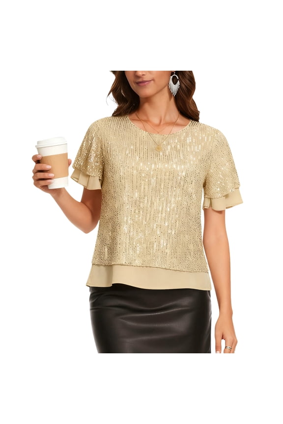 Sparkly Tops for Women Sequin Glitter Cocktail Blouses Wedding Guest Ruffle Holiday Evening Party Shirts Night Going Out Top