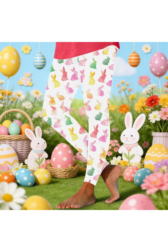 Spring Leggings for Women Slim Fit High Rise Elastic Waist Soft Smooth Stretchy Material Yoga Pilates Lounge Watercolor Bunny Motif Tights