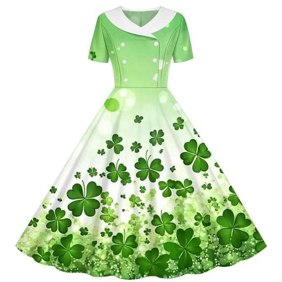 Xdegoge St. Patrick's Day Girls Dresses A Line Clover Print Vintage Dress with Collar and Short Sleeves Irish Holiday Gown