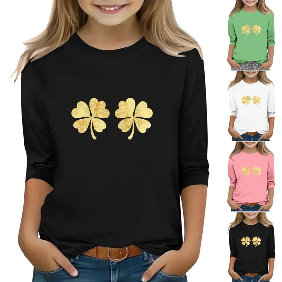Xdegoge St. Patrick's Day Tops for Girl Crewneck 3/4 Sleeve Shirts Clover Print Cute Fashion Holiday Party Tshirts Going Out Outfits