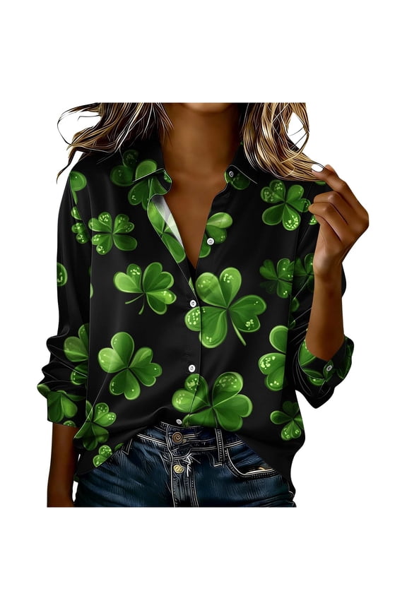 St Patricks Day Button Down Shirt Women Heart Shape Shamrock Graphic Blouse Long Sleeve Collared Top Casual Love Clover Print Tunic Festival Holiday Wear