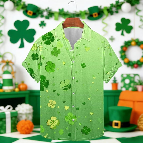 Xdegoge St Patricks Day Shirt for Men Plus Size Button Down V Neck Shirts Green St Patrick's Casual Loose Tops Shamrock Print Irish Top