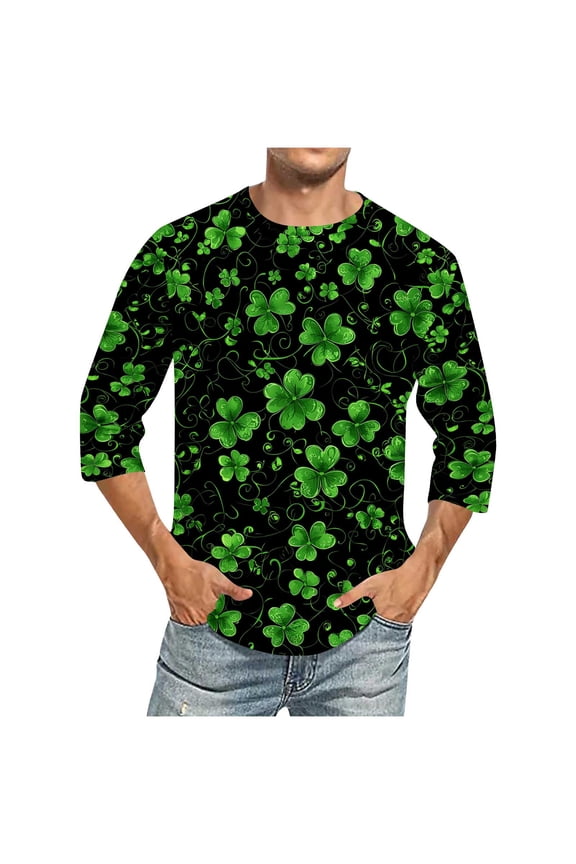 St Patricks Day T Shirts for Men Plus Size 3/4 Sleeve Crewneck Top Saint Patrick's Day Graphic Tee Shamrock Print Irish Green Shirt for Casual Daily