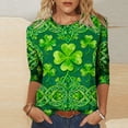 thumbnail image 1 of Xdegoge St Pattys Shirts Women Clover Print 3/4 Sleeve T-Shirt, Green Irish Holiday Casual Tops, 1 of 5