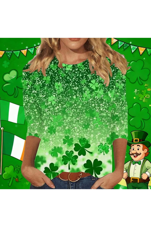 St Pattys Shirts Women Clover Print 3/4 Sleeve T-Shirt, Green Irish Holiday Casual Tops