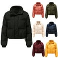 thumbnail image 1 of Xdegoge Stand Collar Puffer Jacket for Women Full Zip Button Drawstring Hem Quilted Jackets with Pockets 2025 Winter Fashion Thermal Outerwear Long Sleeve Solid Color Short Down Coat, 1 of 6