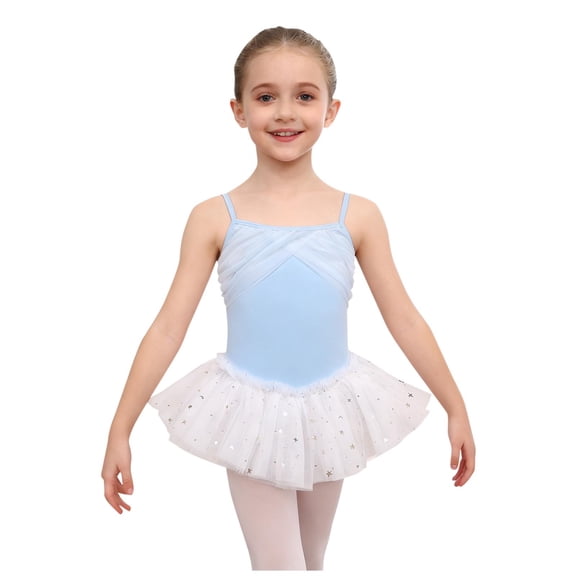 Xdegoge Strap Ballet Dresses for Girls, Cross Front Leotard with Star-Tulle Skirt, Dance Costume for Practice Performance
