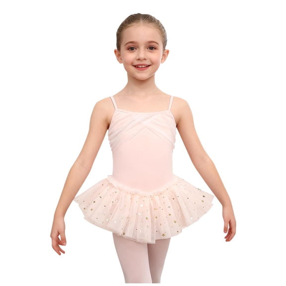 Xdegoge Strap Ballet Dresses for Girls, Cross Front Leotard with Star-Tulle Skirt, Dance Costume for Practice Performance