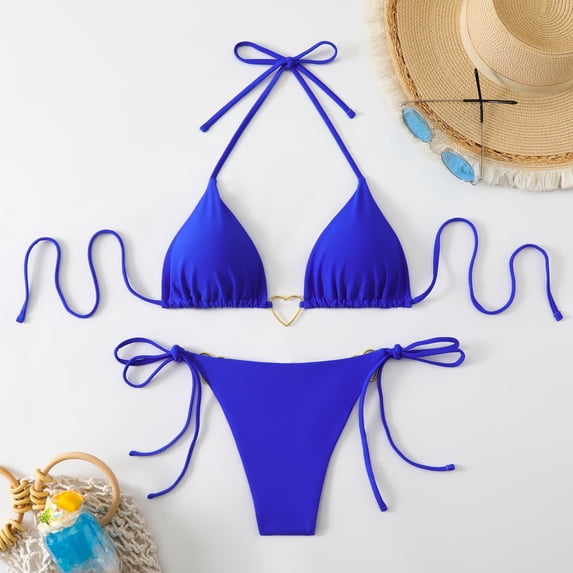 Xdegoge String Bikini for Women Two Piece Halter Triangle Top Tie Side Bottom Heart Ring Detail High Cut Bathing Suits Summer Vacation Pool Party