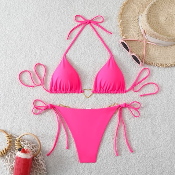 Xdegoge String Bikini for Women Two Piece Halter Triangle Top Tie Side Bottom Heart Ring Detail High Cut Bathing Suits Summer Vacation Pool Party