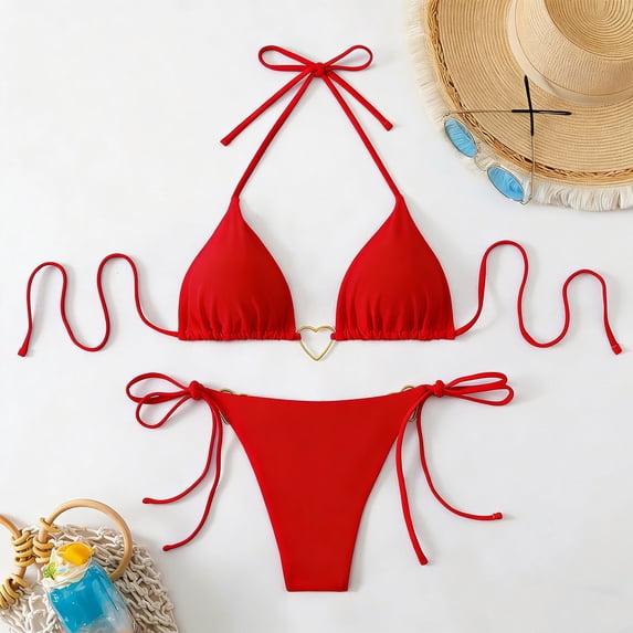 Xdegoge String Bikini for Women Two Piece Halter Triangle Top Tie Side Bottom Heart Ring Detail High Cut Bathing Suits Summer Vacation Pool Party