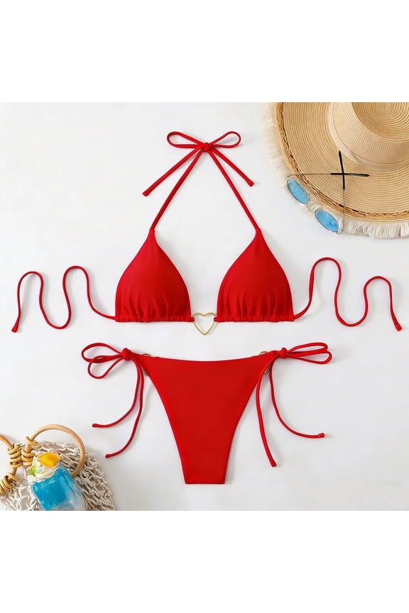 String Bikini for Women Two Piece Halter Triangle Top Tie Side Bottom Heart Ring Detail High Cut Bathing Suits Summer Vacation Pool Party
