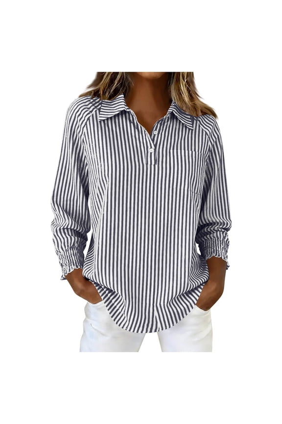 Striped Button Down Shirt for Women Long Puff Sleeve Collared Blouse Vertical Stripe Smocked Cuffs Tops Business Casual Work Office Shirt Lightweight Summer Popover Tunics