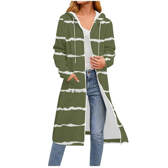 Xdegoge Striped Long Hoodies for Women Zip Up Trendy Long Sleeve Tunic Sweatshirts Hoodie with Pocket Lounge Vintage Loose Jacket 2025 Winter Fashion Outerwear Tops