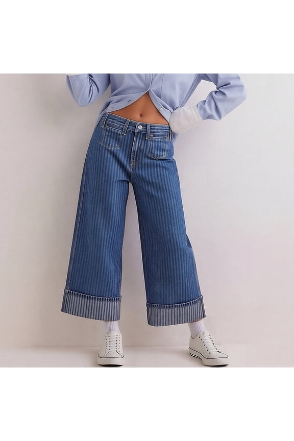Striped Wide Leg Jeans for Women Cropped Denim Pants High Waisted Cuffed Hem Trousers Flattering Casual Bottoms