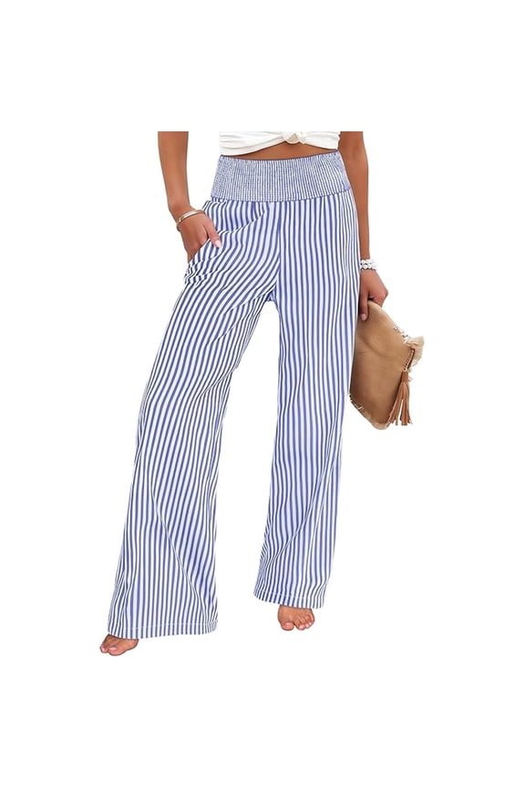 Striped Wide Leg Pants for Women Smocked High Waisted Flowy Lounge Bottoms Casual Loose Fit Comfy Breathable Summer Trousers Beach Vacation