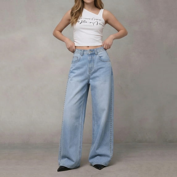 Xdegoge Studded Jeans for Women High Waisted Wide Leg Denim Pants with Rhinestone Side Details Relaxed Fit Casual Streetwear Y2K Festival Bottoms