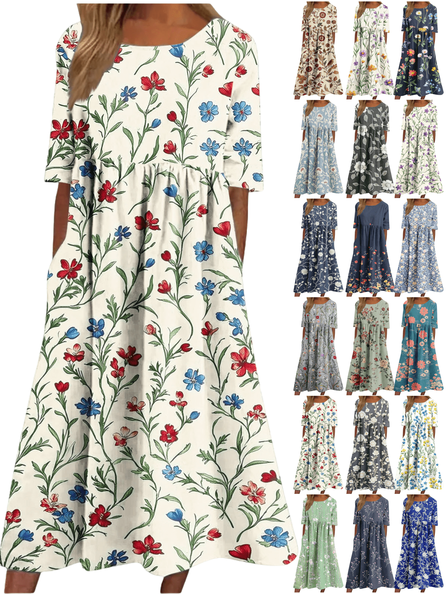 Xdegoge Summer Ditsy Floral Print A Line Maxi Dress for Women O Neck ...
