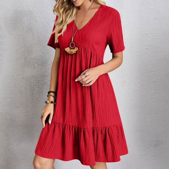 Xdegoge Summer Dresses for Women 2025 Vacation Short Sleeve V Neck Mini T Shirt Dress Smocked Pleated Ruffle Flowy Beach Sundresses A Line Flowy Sun Dresses Previous Orders Refund On My Order