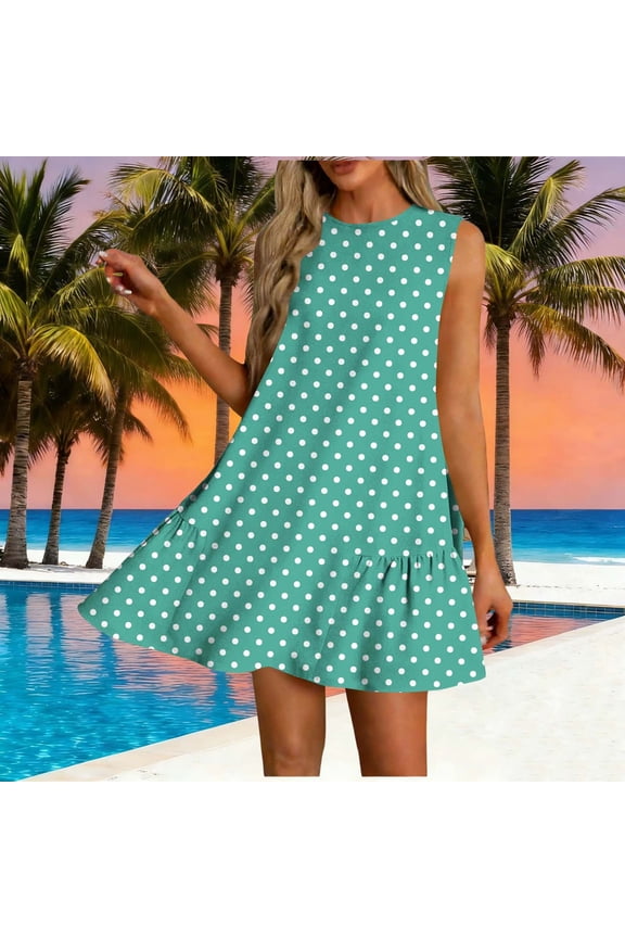 Summer Dresses for Women Flowy Loose Fit Sleeveless Tank Polka Dot Dress Ruffle Hem Drop Waist Shift Dress Casual Spring Beach Party Wear