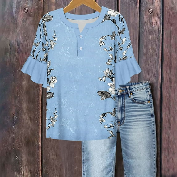 Xdegoge Summer Savings Womens Summer Tops 3/4 Length Sleeve Blouses Ruffle V Neck Button Down Shirts Dressy Casual Flowy Tunic Tops Soft Comfy Loose T Shirts Orders Placed Previous Orders History
