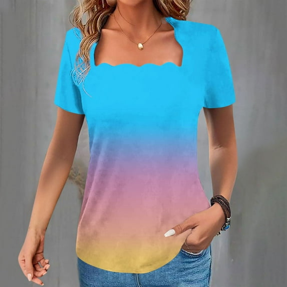 Xdegoge Summer Savings Womens Summer Tops Square-Neck Shirts Short Sleeve Tops Dressy Casual Tunic Blouses Floral Fashion Loose Fit T Shirts Last Order Placed By Me Ofertas De Hoy En