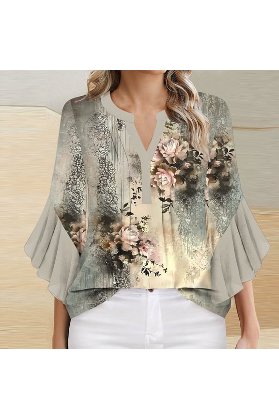 Summer Shirts for Women 3/4 Sleeve V Neck T Shirt Floral Summer Tops Tunic Plus Size Dressy Casual Work Blouses Fashion Flare Sleeve T-Shirt Or Under 5.00