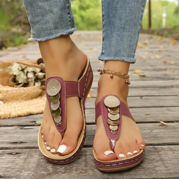 Xdegoge Summer Shoes for Women Bohemian Wedge Thong Sandals Metallic Disc Embellished Flip Flops Beach Walking Fashionable Slip On Casual Outdoor Trendy Open Toe