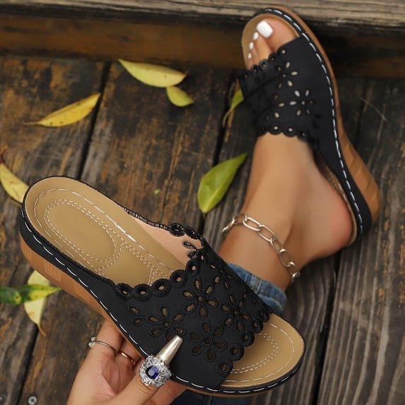 Xdegoge Summer Shoes for Women Scalloped Edge Floral Hollow Upper Wedge Heel Airy Toe Slide Bohemian Non-Slip Bottom Cozy Orthopedic Walking Sandals