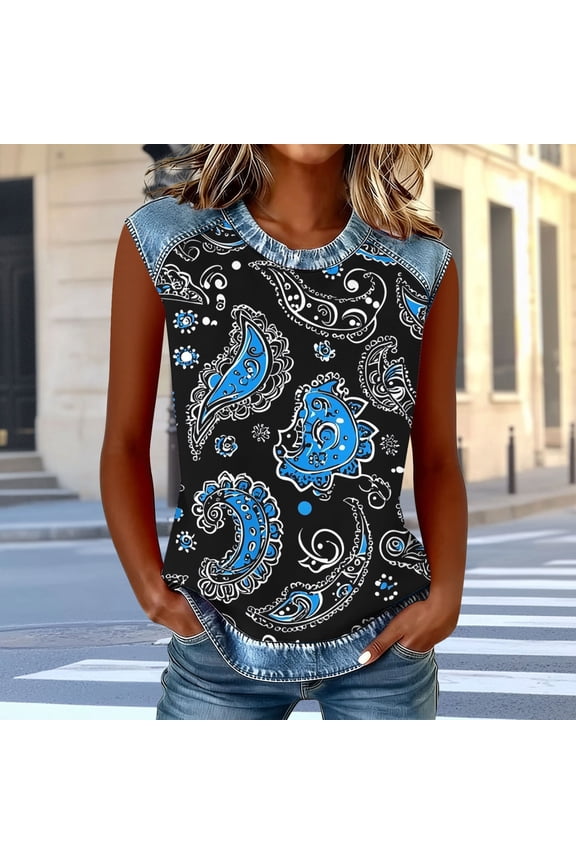 Summer Tank Tops for Women Crewneck Sleeveless Shirts Floral Vine Print Denim Patchwork Loose Fit Lightweight Breathable Casual Everyday Wear Vacation Graphic Tees
