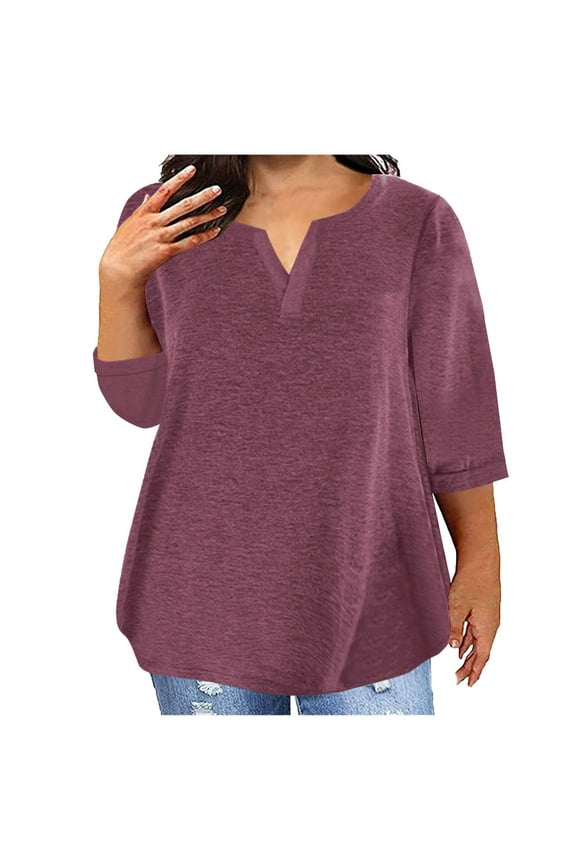 Summer Tops for Women 2025 Plus Size 3/4 Length Sleeve T Shirts Oversized Crewneck Tee Solid Color Tunic Loose Fit Shirts Beach Vacation Clothes Going Out Shirts Athletic Workout Tops