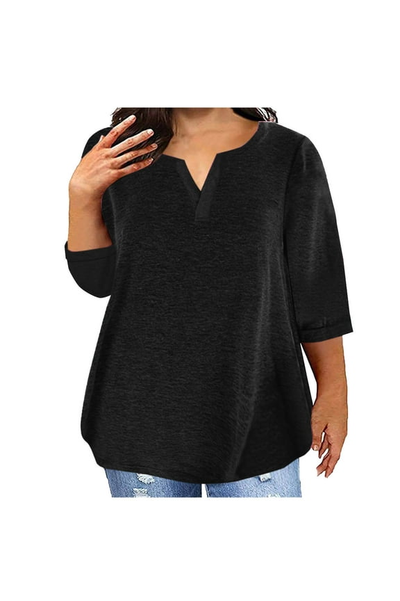 Summer Tops for Women 2025 Plus Size 3/4 Length Sleeve T Shirts Oversized Crewneck Tee Solid Color Tunic Loose Fit Shirts Beach Vacation Clothes Going Out Shirts Athletic Workout Tops