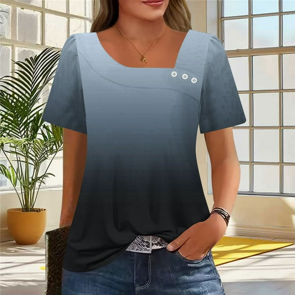 Xdegoge Summer Tops for Women Under 10 Plus Size Tees Short Sleeve V Neck T Shirt Fashion Gradient Printed Summer Tunic Tops Loose Fit Casual Blouses Women for Today
