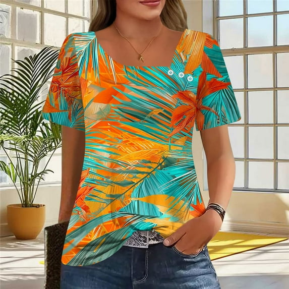 Xdegoge Summer Tops for Women Under 10 Plus Size Tees Short Sleeve V Neck T Shirt Fashion Gradient Printed Summer Tunic Tops Loose Fit Casual Blouses Flash Past Purchases