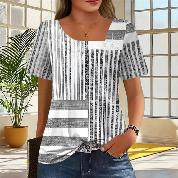 Xdegoge Summer Tops for Women Under 10 Plus Size Tees Short Sleeve V Neck T Shirt Fashion Gradient Printed Summer Tunic Tops Loose Fit Casual Blouses Items Groceries Save for Later
