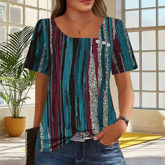 Xdegoge Summer Tops for Women Under 10 Plus Size Tees Short Sleeve V Neck T Shirt Fashion Gradient Printed Summer Tunic Tops Loose Fit Casual Blouses Where Is