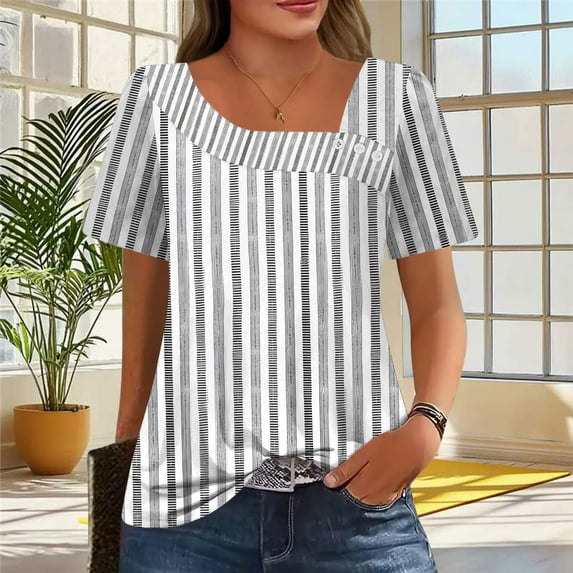 Xdegoge Summer Tops for Women Under 10 Plus Size Tees Short Sleeve V Neck T Shirt Fashion Gradient Printed Summer Tunic Tops Loose Fit Casual Blouses Cancel Membership Save for Later