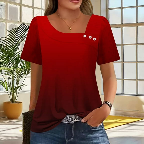 Xdegoge Summer Tops for Women Under 10 Plus Size Tees Short Sleeve V Neck T Shirt Fashion Gradient Printed Summer Tunic Tops Loose Fit Casual Blouses