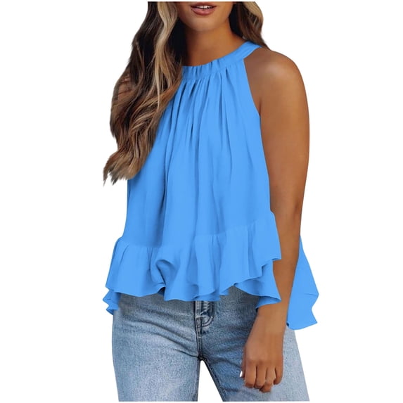 Xdegoge Summer Tops for Women Sleeveless Halter Blouse Dressy Casual Fashion Ruffle Flowy Shirts Striped Going Out Tops Vacation Beach Party Clothes