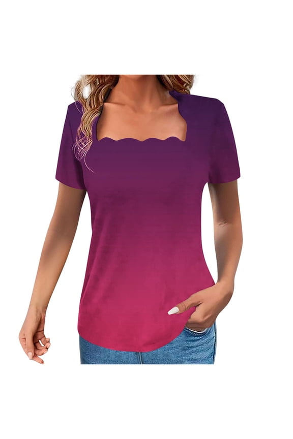 Xdegoge Summer Tops for Women Gradient Fashion Loose Fit T Shirts Short Sleeve Square Neck Shirts Dressy Casual Tunic Blouses Mothers Day