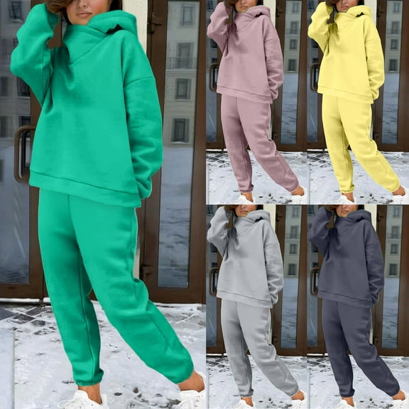 Xdegoge Sweat Suits for Womens 2 Piece Lounge Long Sleeve Oversized Hoodies Joggers Sweatpants with Pockets Solid Tracksuit Workout Fall Fashion Sets 2025