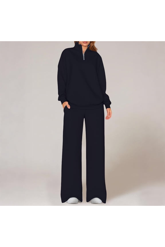 Sweat Suits for Womens 2 Piece Sets Lounge Quarter Long Sleeve Zip Pullover Sweatshirts and Wide Leg Sweatpants with Pockets Jogger Tracksuits Workout Outfits Activewear