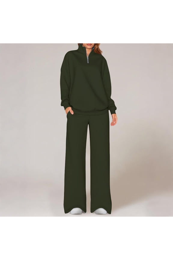 Sweat Suits for Womens 2 Piece Sets Lounge Quarter Long Sleeve Zip Pullover Sweatshirts and Wide Leg Sweatpants with Pockets Jogger Tracksuits Workout Outfits Activewear