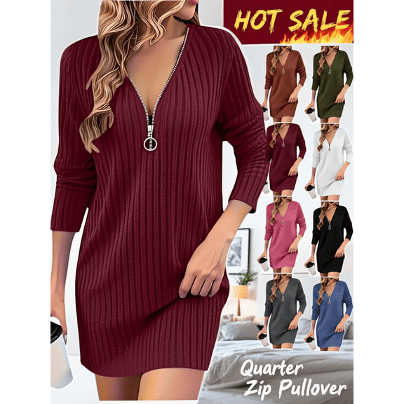 Xdegoge Sweater Dresses for Women Quarter Zip Pullover Long Sleeve Ribbed Knit Mini Dress Cozy Bodycon Dressy Casual Dress