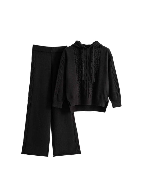 Sweater Sets for Women 2 Piece Cable Knit Pullover Hoodie and Wide Leg Pants Matching Outfit Long Sleeve Casual Loungewear Fall Winter Sweatsuits
