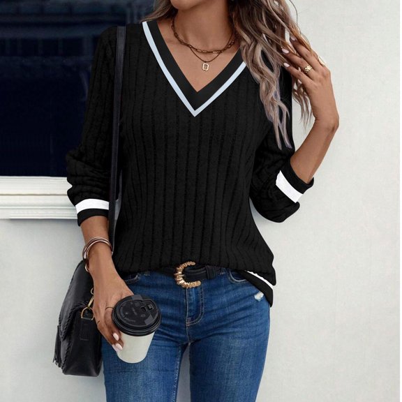 Xdegoge Sweater for Women V Neck Long Sleeve Pullovers classic Stripes prints Pullover Cable Knit Preppy Sweaters Trendy Lightweight Cozy Top