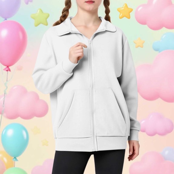 Xdegoge Sweatshirts for Girls Zip Up Lapel Longn Sleeve Jackets with Pocket Teen Uniform Casual Solid Color Loose Jacket 2025 Kids Clothes 5-15 Years