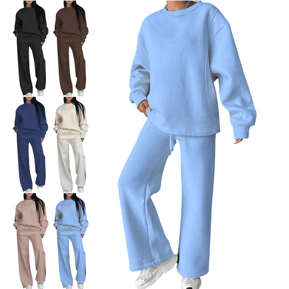 Xdegoge Sweatsuits Women 2 Piece Outfit Comfy Lounge Sets Oversized Long Sleeve Sweatshirt Crewneck Drop Shoulder Pullover Tops Gym Y2K Drawstring Elastic Waist Wide Leg Sweatpants with Pockets